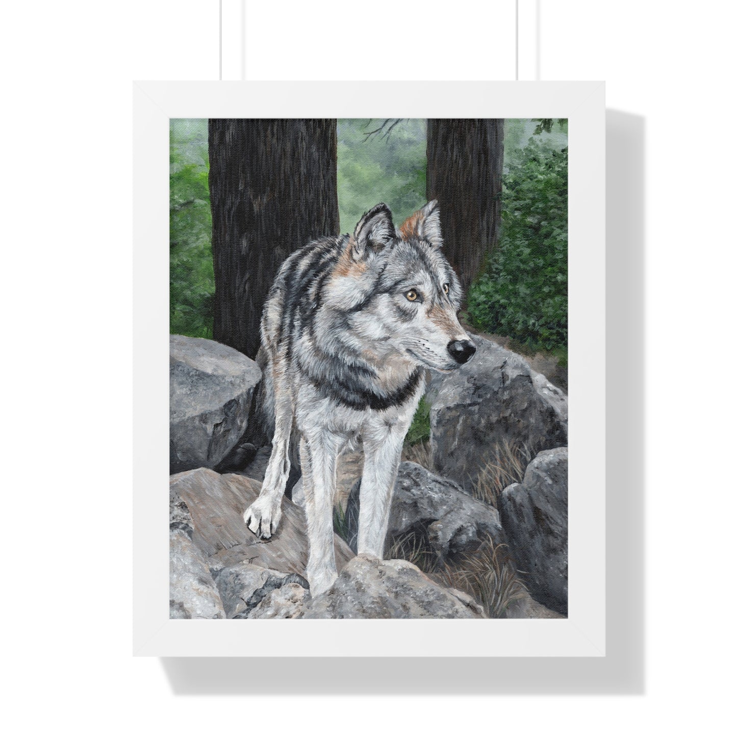 Wolf in the Woods Framed Poster — Forest Wildlife Vertical Art