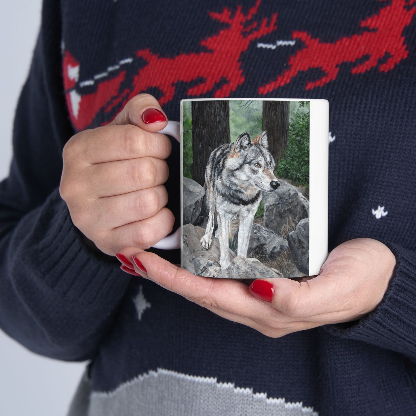 Wolf in the Woods Ceramic Mug — Rustic Nature Coffee Cup (11oz/15oz)