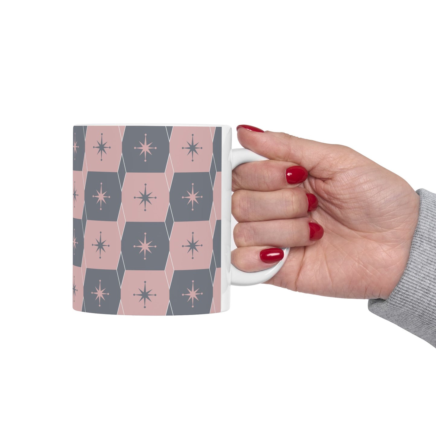 Mid-Century Starburst Ceramic Mug — Pink & Slate Geometric Pattern (11oz, 15oz)