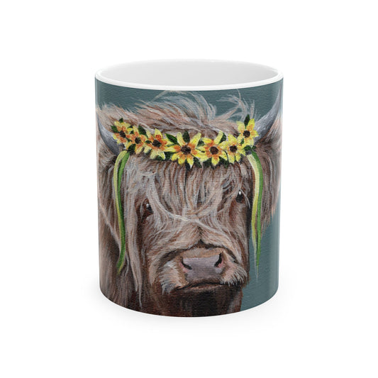 Highland Cow Mug with Sunflower Crown — Ceramic Coffee Cup (11oz, 15oz)