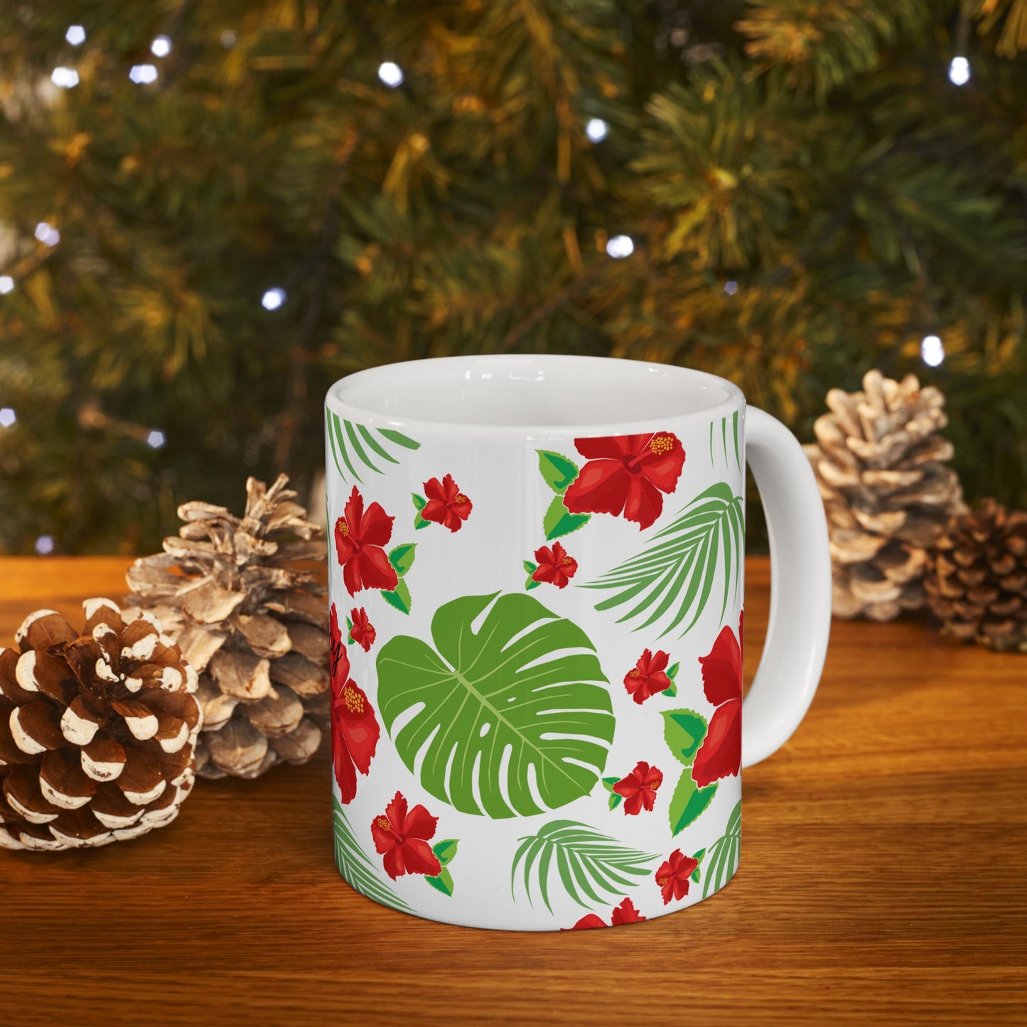 Tropical Hibiscus Mug — Floral Palm Leaf Coffee Cup (11oz/15oz)