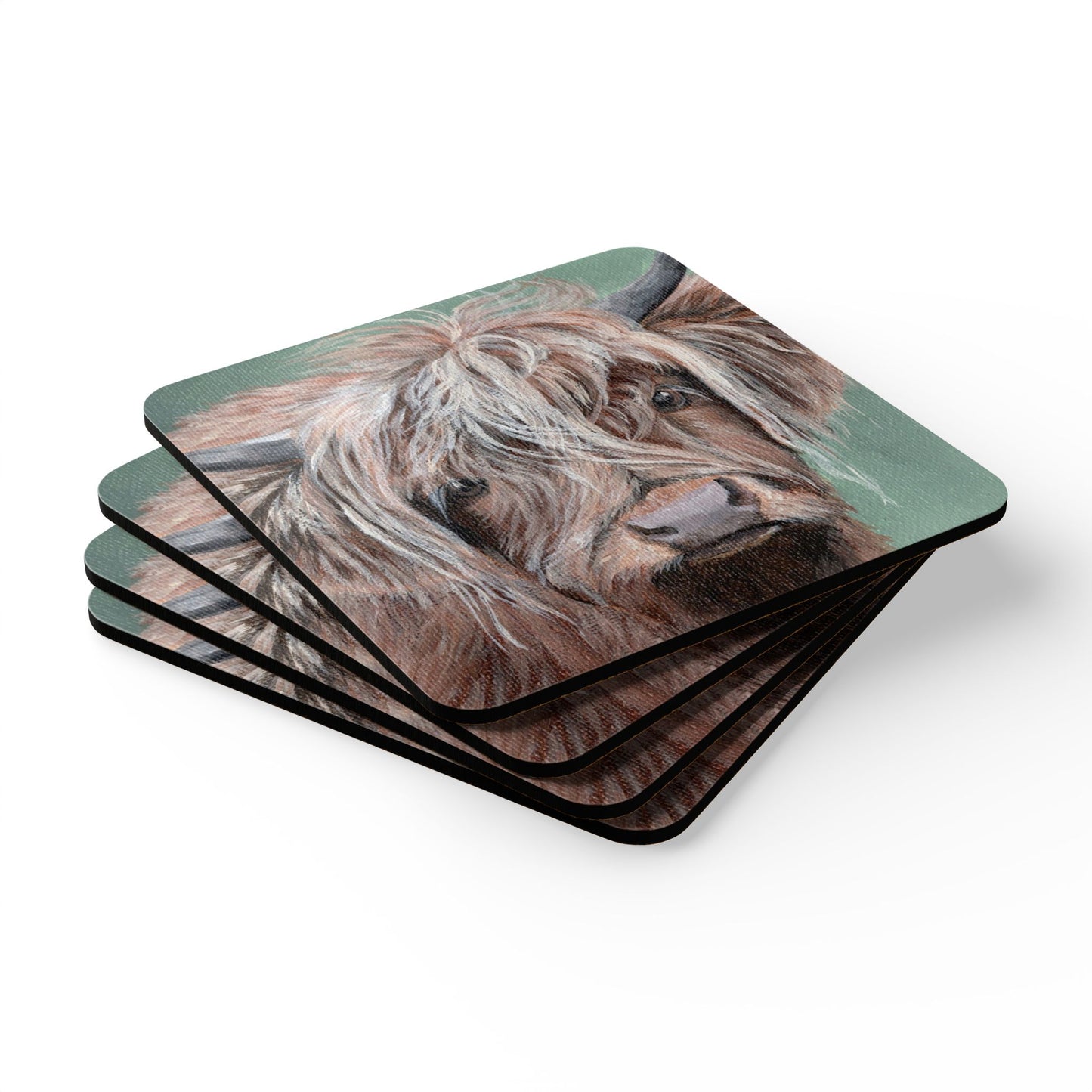 Highland Cow Cork Coaster Set — Rustic Farmhouse Drink Coasters (4-Pack)