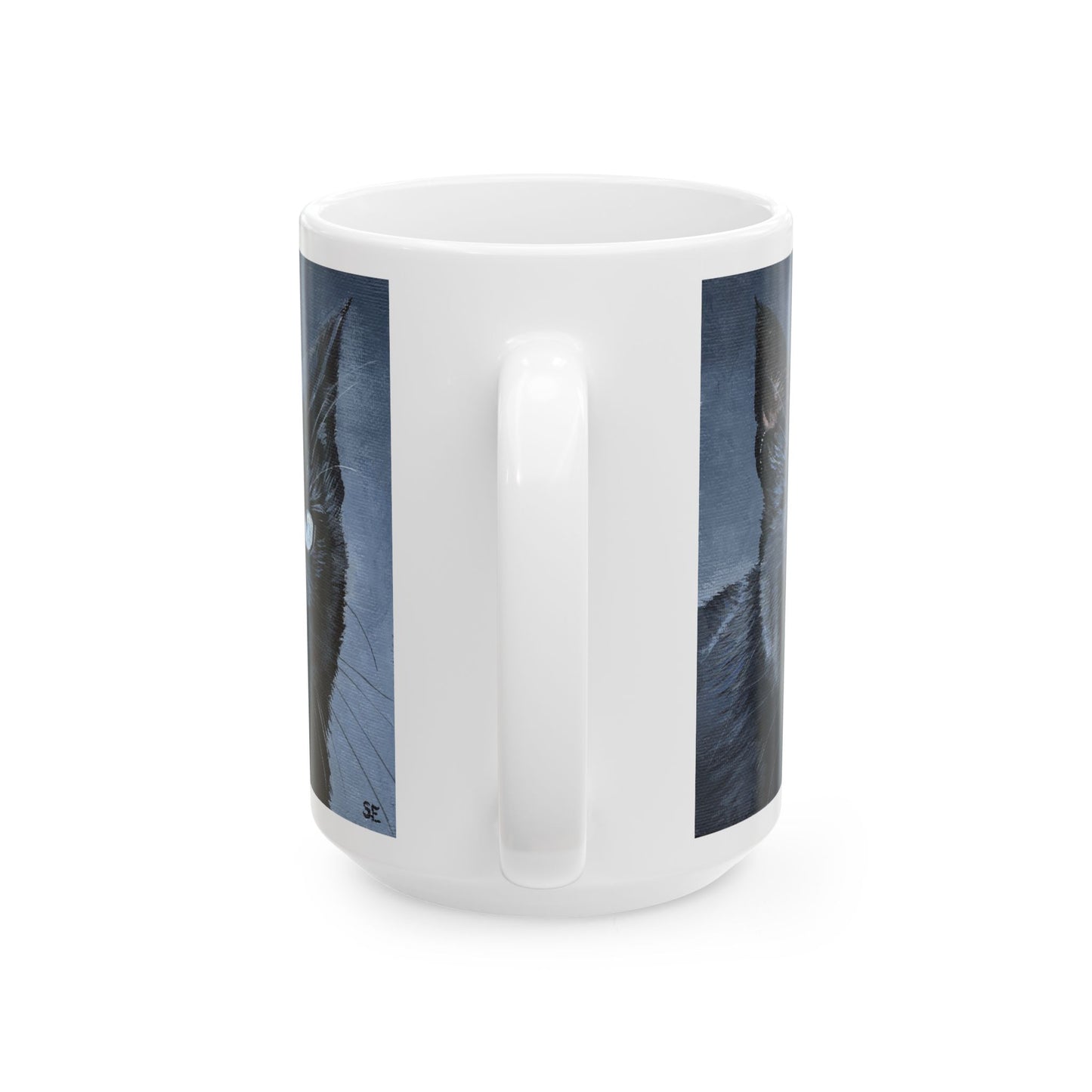 Black Cat Portrait Mug — Ceramic Coffee Cup with Moody Blue Background (11oz, 15oz)