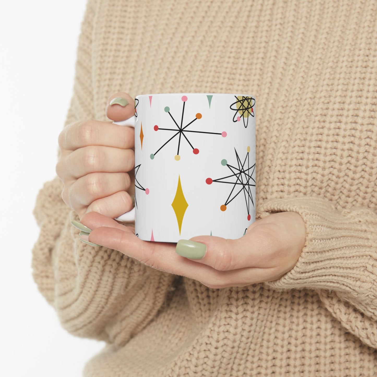Mid-Century Atomic Pattern Ceramic Mug (11oz & 15oz) — Retro Starburst Coffee Cup