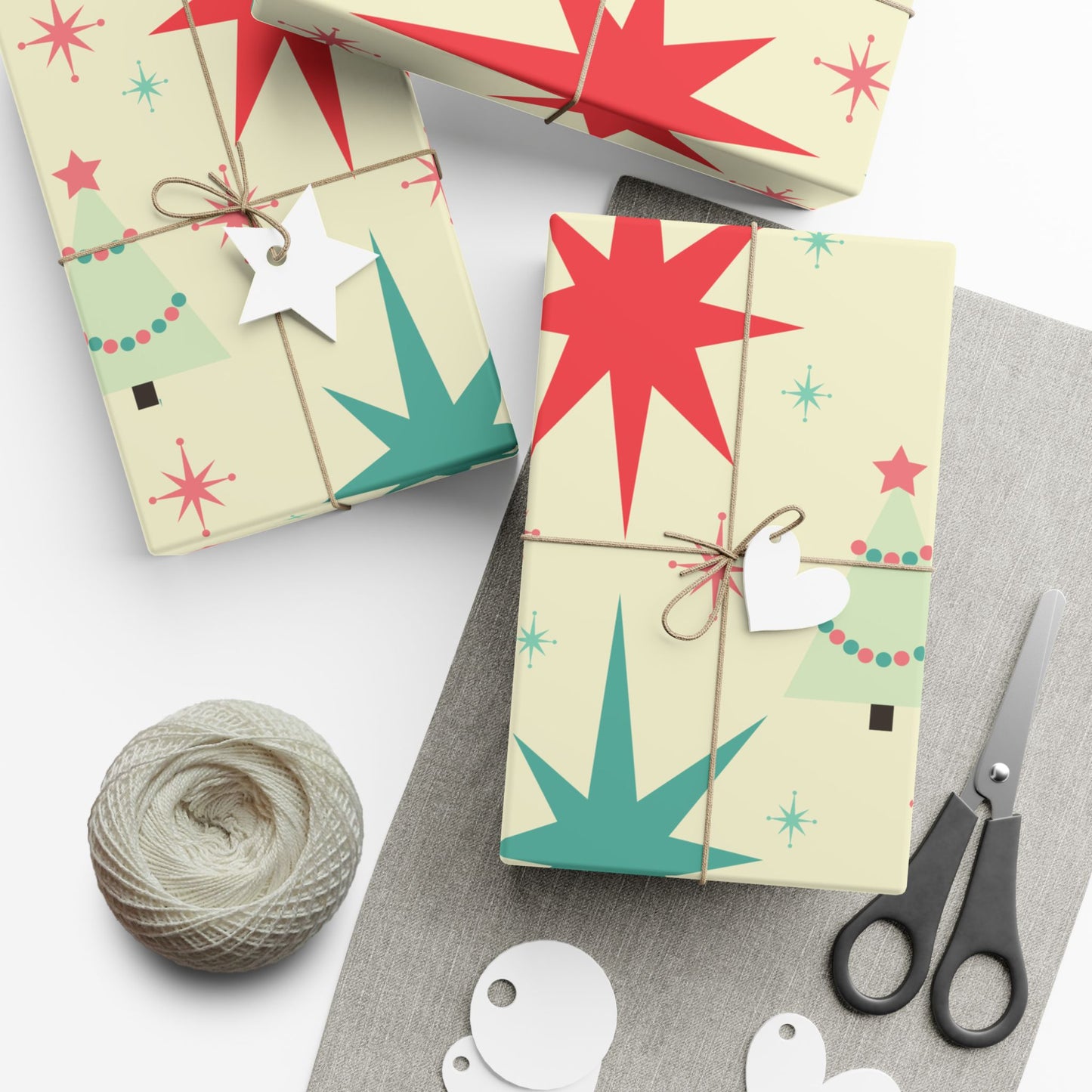 Retro Mid-Century Christmas Gift Wrap Paper – Starburst & Tree Pattern