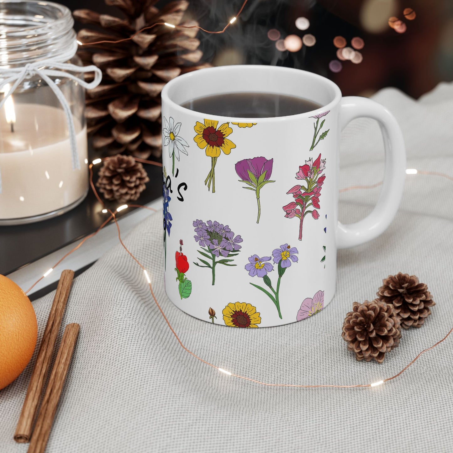 Personalized Texas Wildflower Mug - Floral Ceramic Coffee Tea Cup (11oz & 15oz)