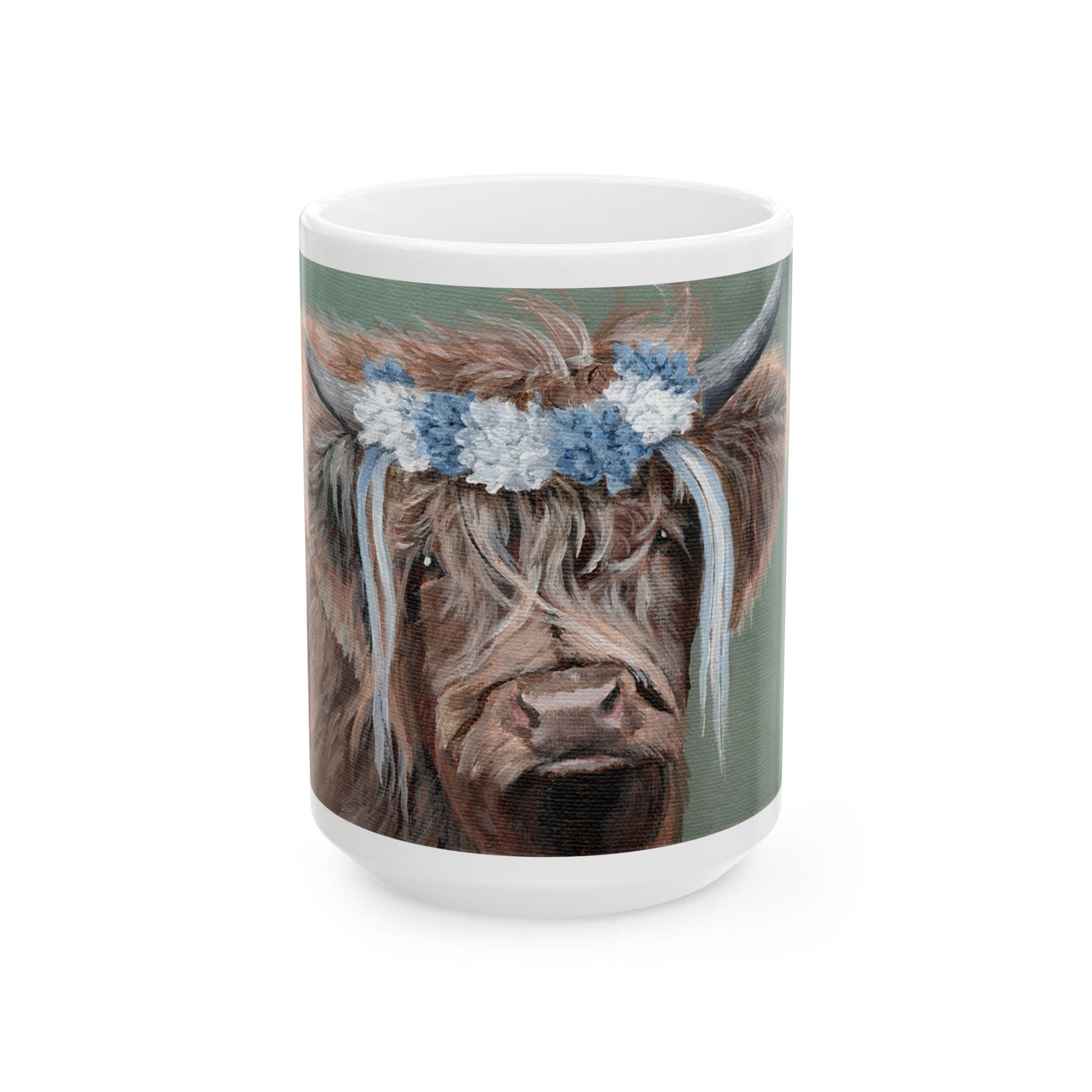 Highland Cow Floral Crown Ceramic Mug — Cute Scottish Cattle Coffee Cup (11oz/15oz)