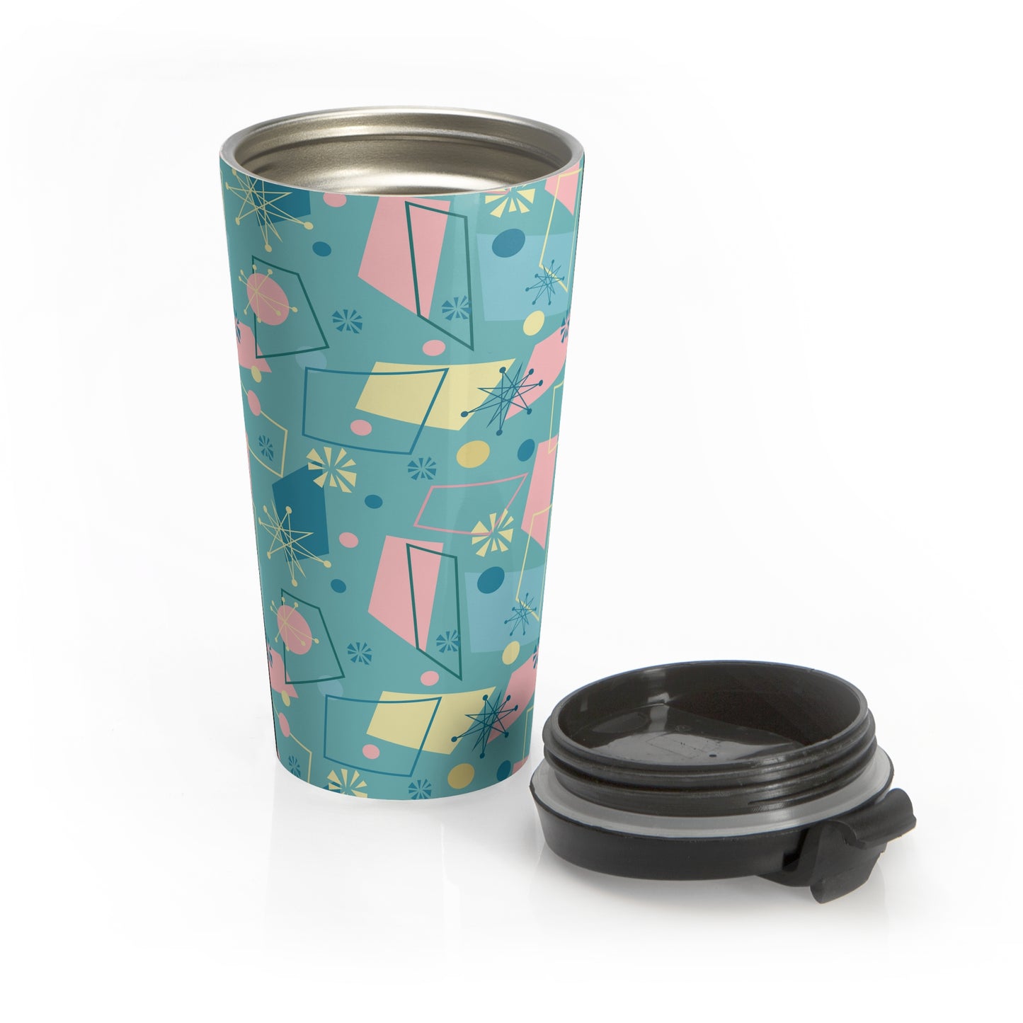 Retro Geometric Travel Mug — Teal Mid-Century Pattern
