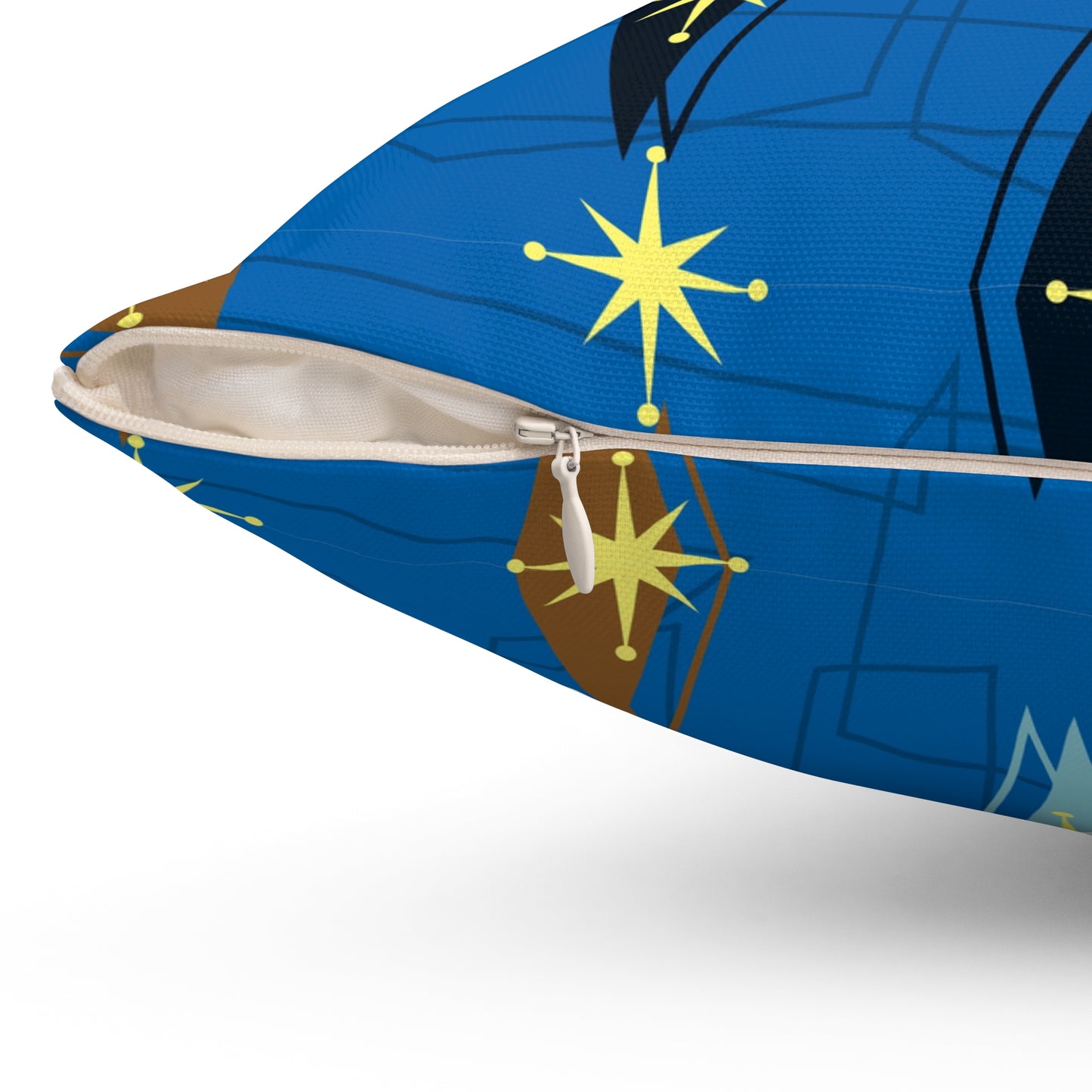 Mid-Century Starburst Decorative Pillow — Retro Blue Geometric Accent