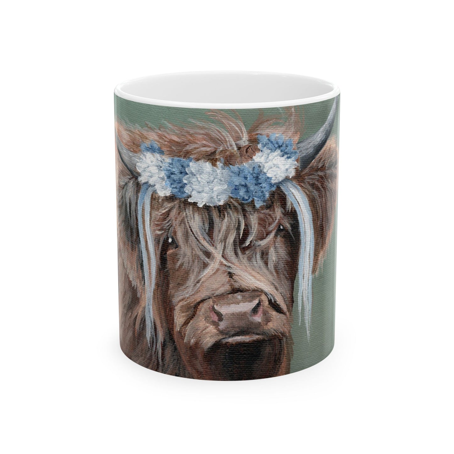 Highland Cow Floral Crown Ceramic Mug — Cute Scottish Cattle Coffee Cup (11oz/15oz)