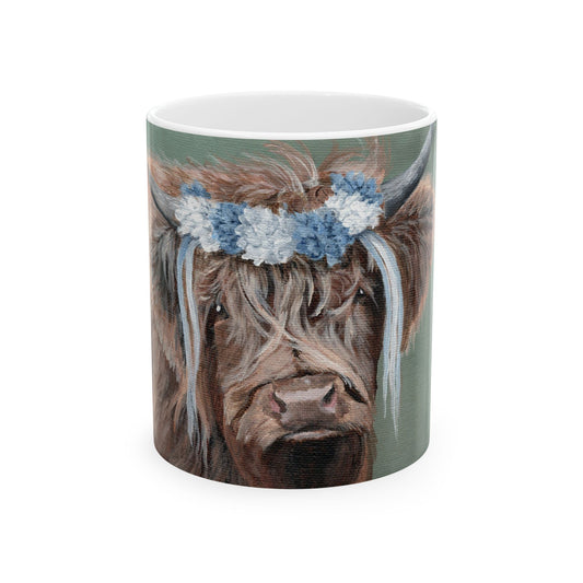Highland Cow Floral Crown Ceramic Mug — Cute Scottish Cattle Coffee Cup (11oz/15oz)