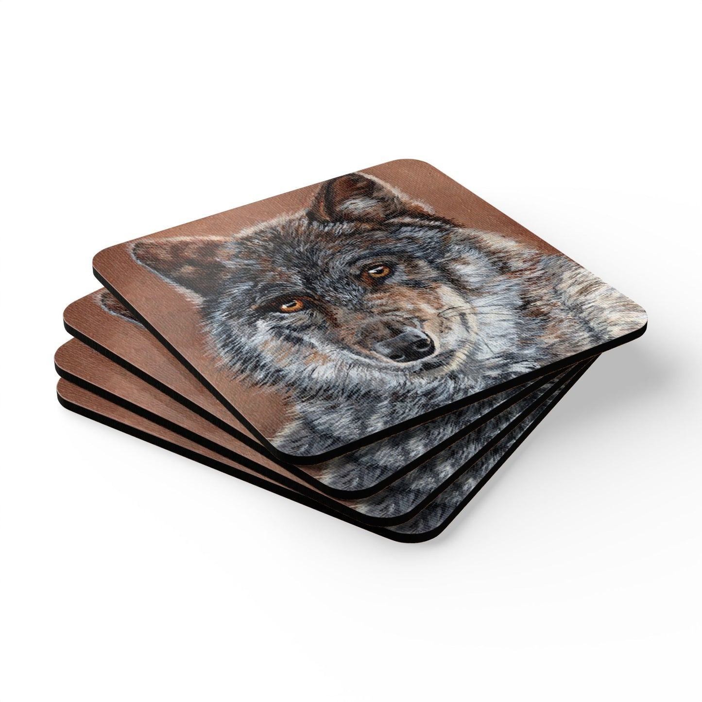 Wolf Portrait Cork Coaster Set — Rustic Wildlife Drink Coasters (4-Pack)