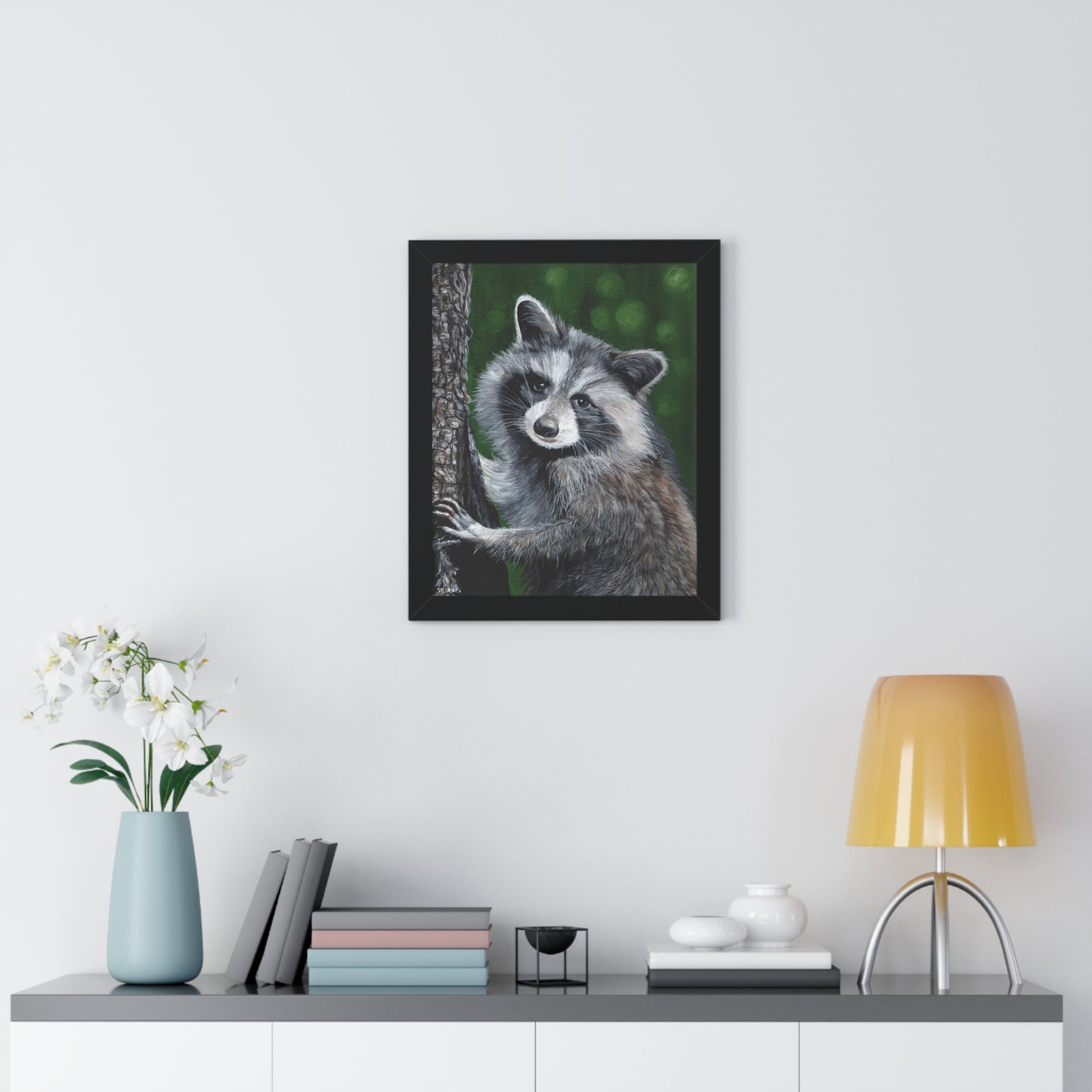 Framed Raccoon Poster — Cute Woodland Animal Wall Art (Vertical)