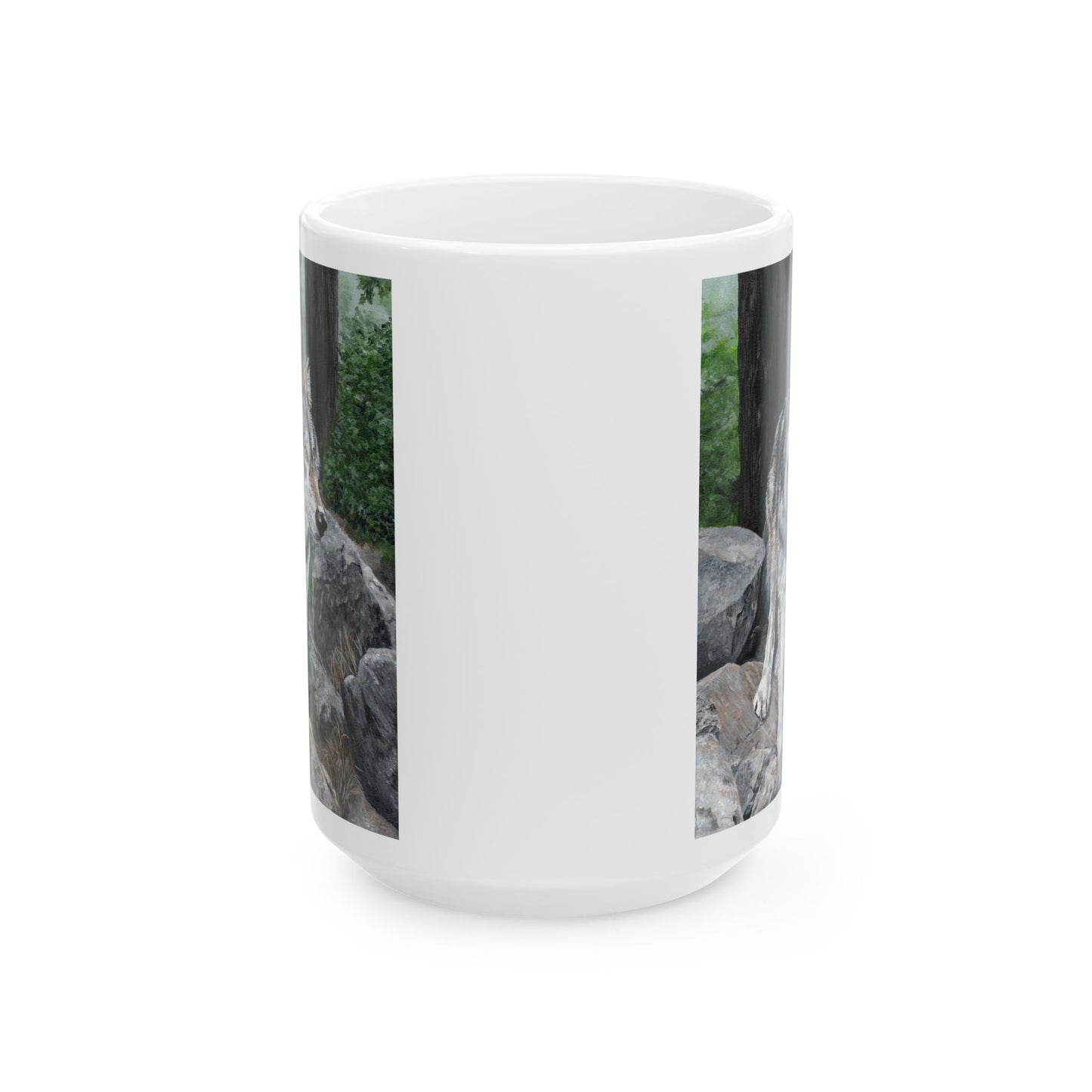 Wolf in the Woods Ceramic Mug — Rustic Nature Coffee Cup (11oz/15oz)