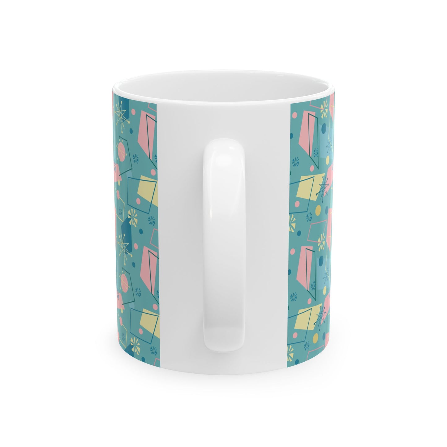 Mid-Century Modern Pattern Ceramic Mug — Retro Teal Atomic Design (11oz/15oz)
