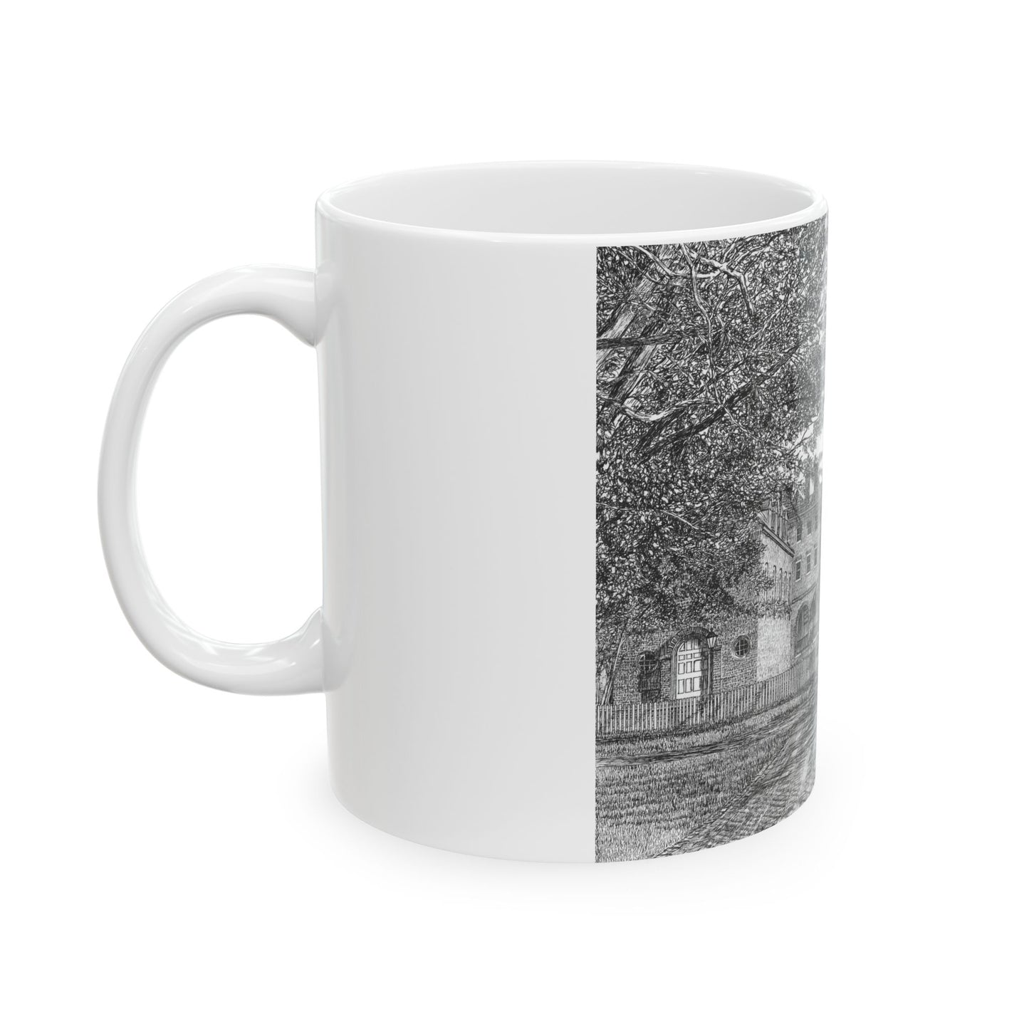 Wren Building, CWM Ceramic Mug — Black & White Architectural Illustration (11oz, 15oz)