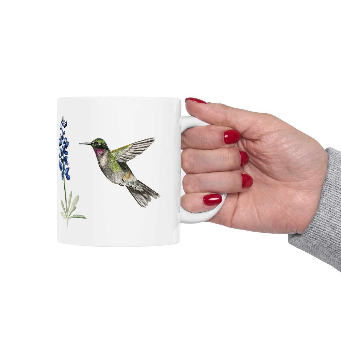 Hummingbird & Bluebonnet Ceramic Mug — Floral Bird Coffee Tea Cup (11oz, 15oz)