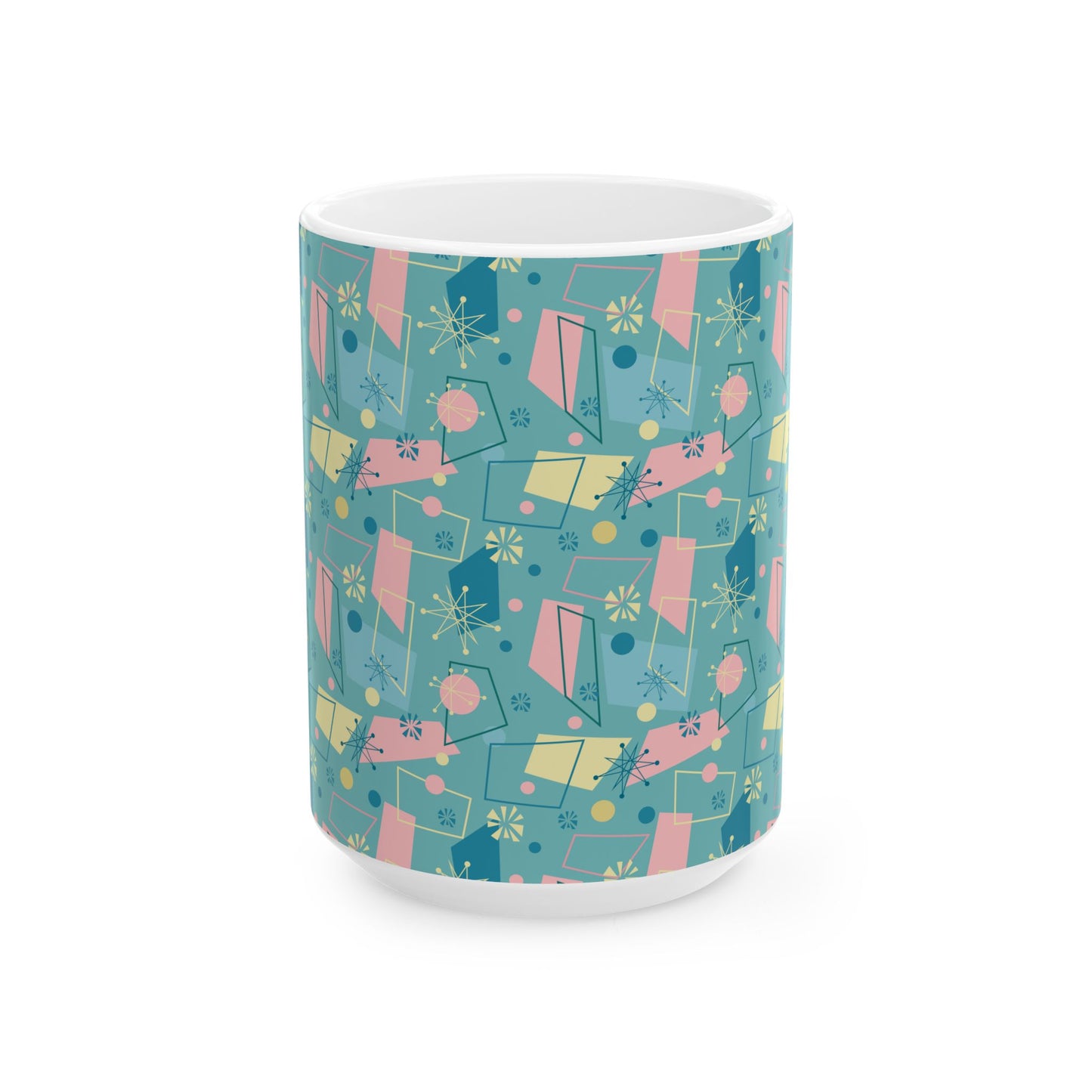 Mid-Century Modern Pattern Ceramic Mug — Retro Teal Atomic Design (11oz/15oz)