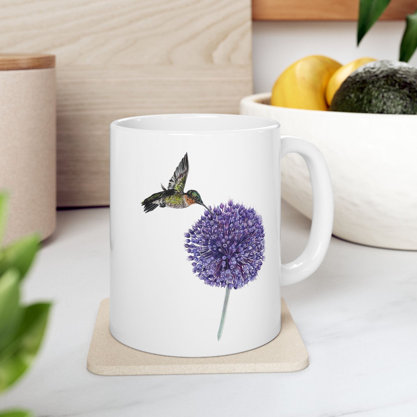 Hummingbird and Yorktown Onion Ceramic Mug — Purple Allium Floral & Hummingbird Coffee Cup (11oz & 15oz)