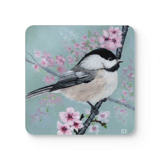 Bird & Cherry Blossom Cork Coaster Set — Chickadee Art Drink Coasters