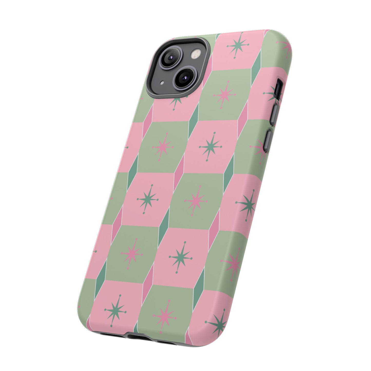 1950s Retro Square and Diamond Pattern in Pink and Green Tough Cases