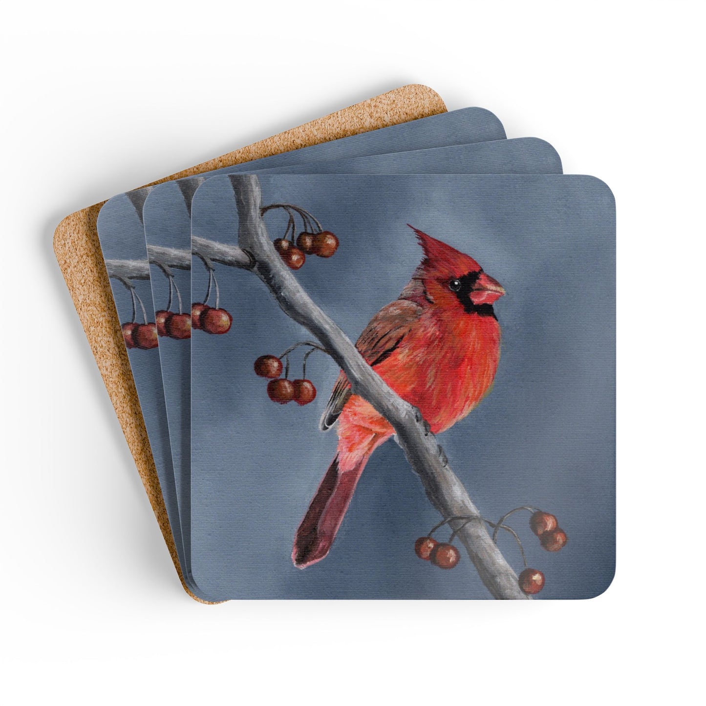 Cardinal Bird Cork Coaster Set — Hand-Painted Red Cardinal Drink Coasters (4-Pack)