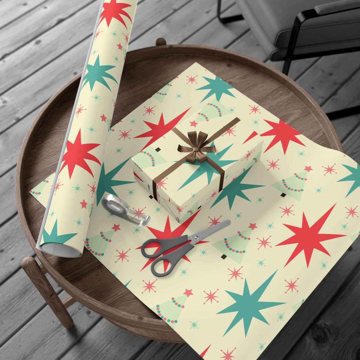 Retro Mid-Century Christmas Gift Wrap Paper – Starburst & Tree Pattern