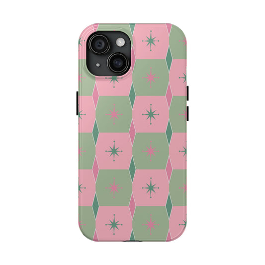 1950s Retro Square and Diamond Pattern in Pink and Green Tough iPhone Cases