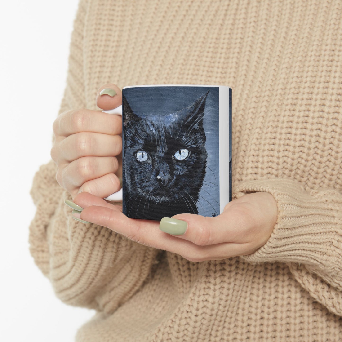 Black Cat Portrait Mug — Ceramic Coffee Cup with Moody Blue Background (11oz, 15oz)