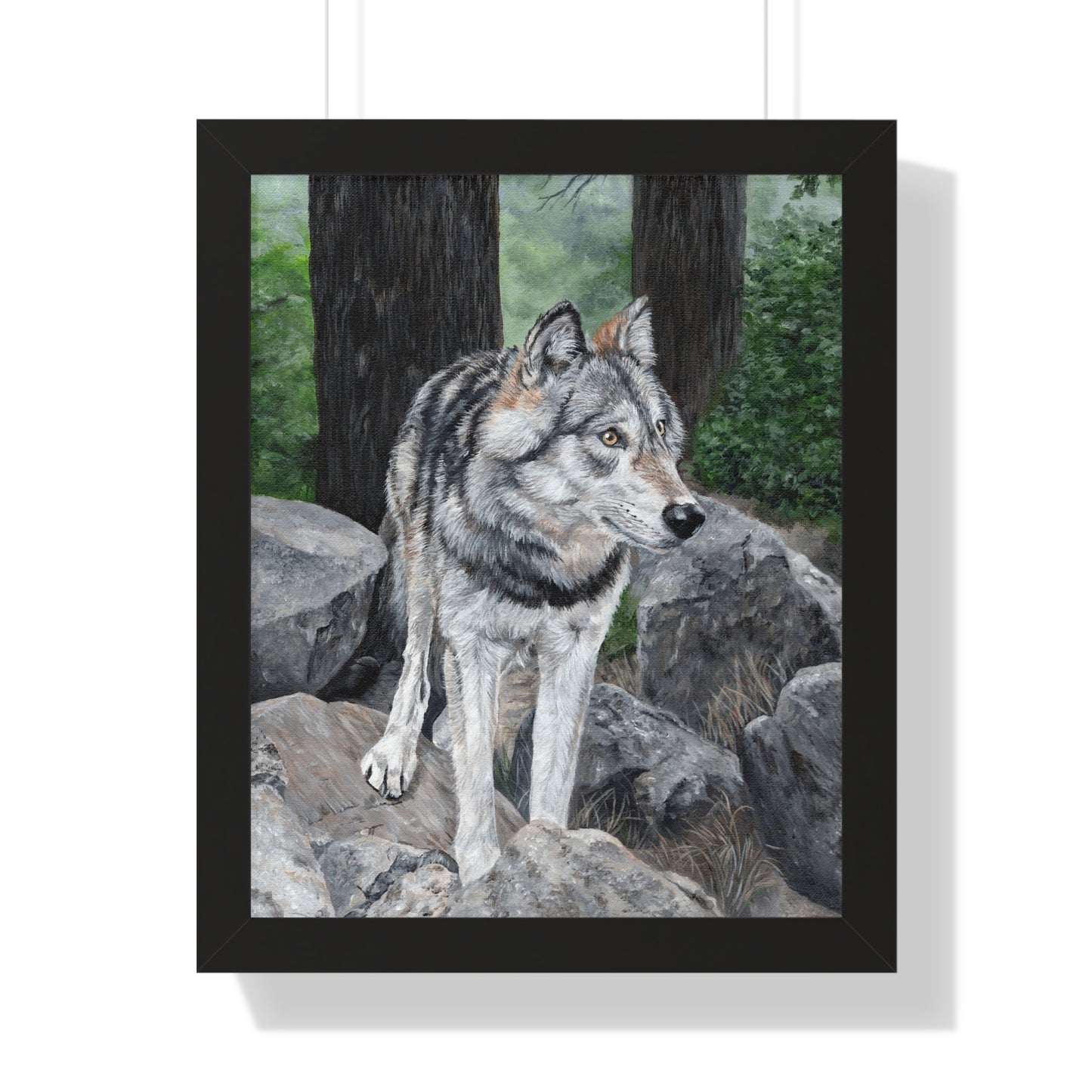 Wolf in the Woods Framed Poster — Forest Wildlife Vertical Art