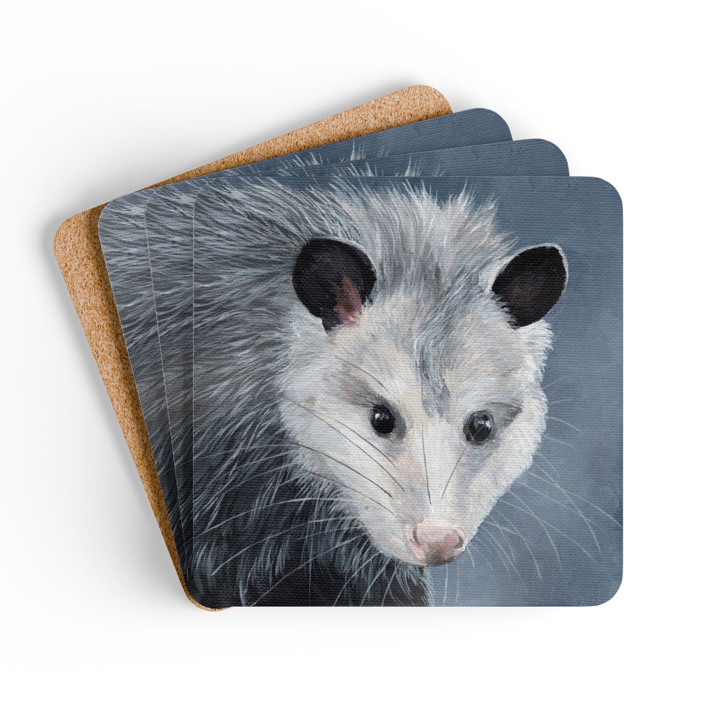 Opossum Cork Coaster Set — Hand-Painted Wildlife Drink Coasters (4-Pack)