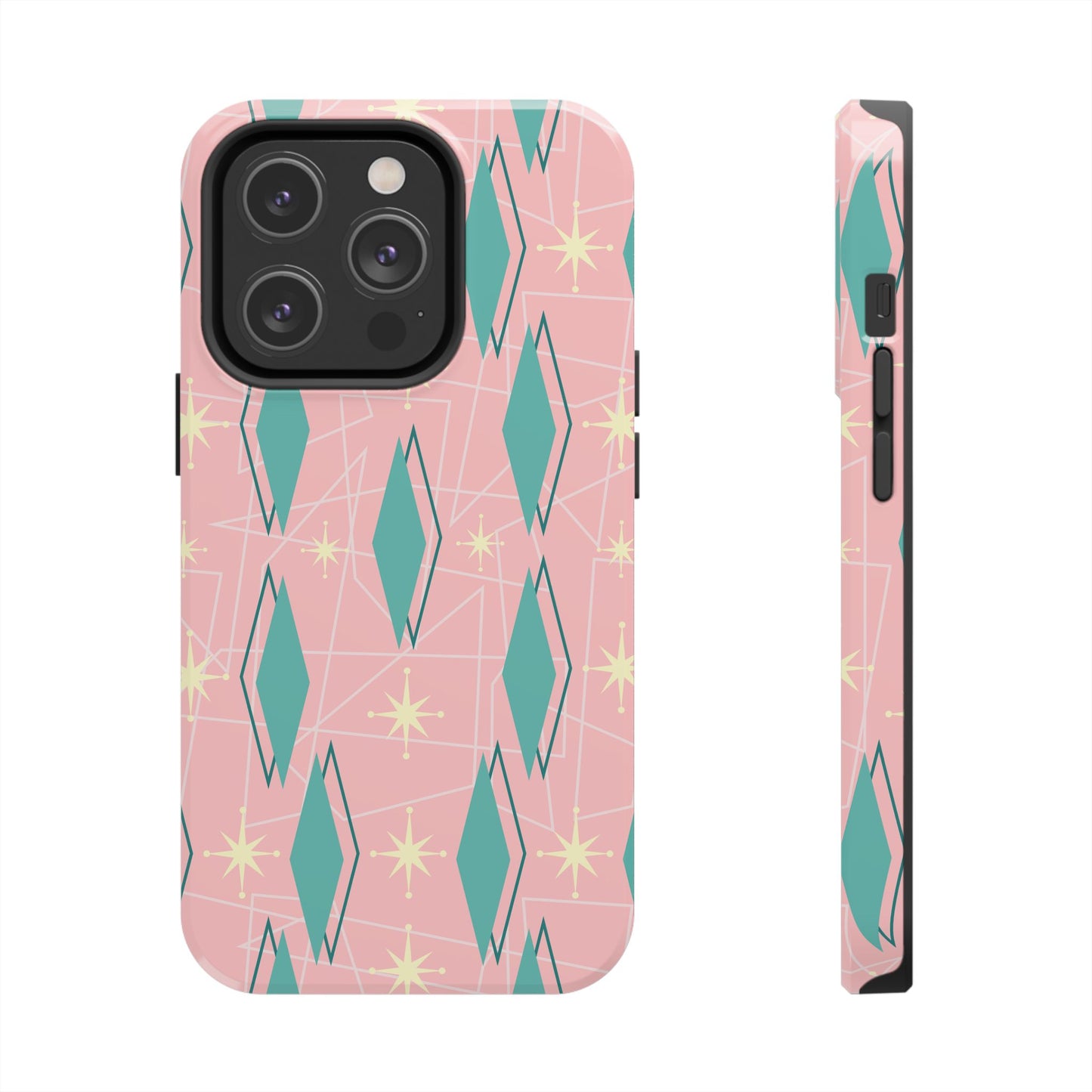 1950s Retro Star and Diamond Pattern in Pink and Green Tough iPhone Case