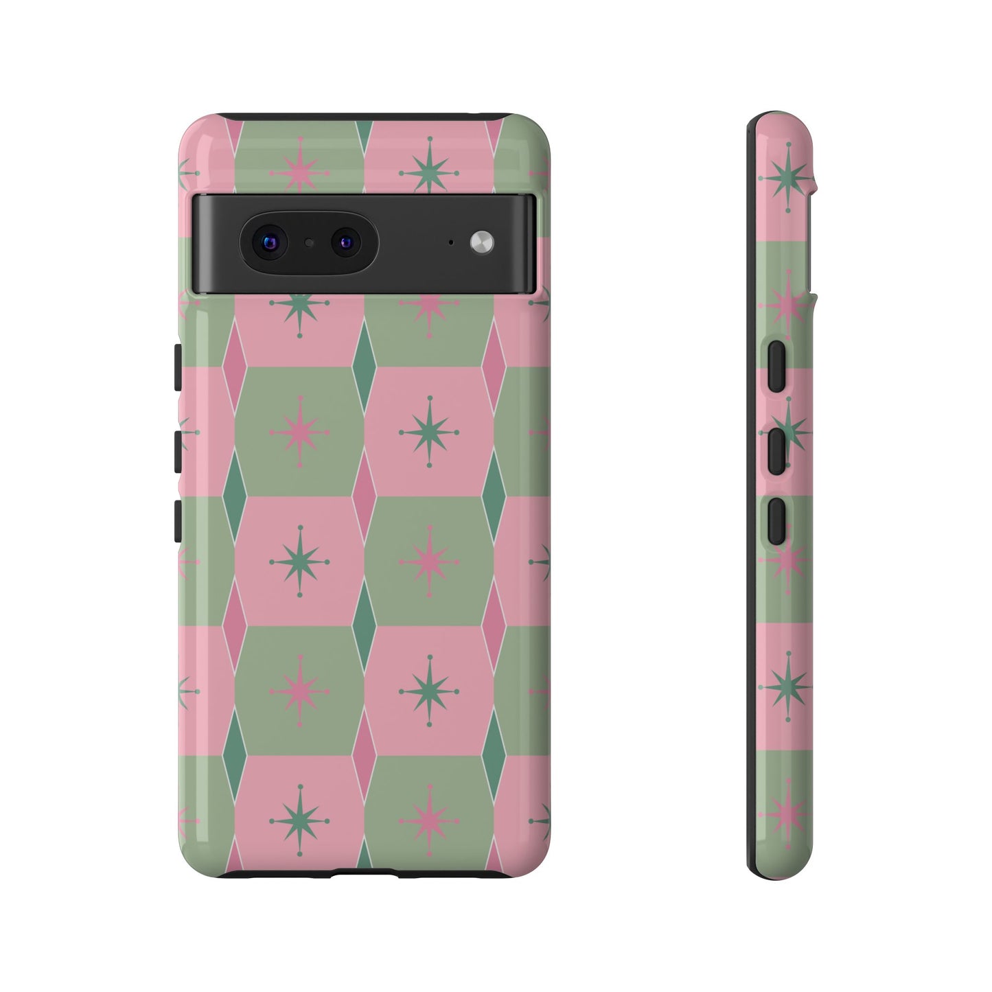 1950s Retro Square and Diamond Pattern in Pink and Green Tough Cases