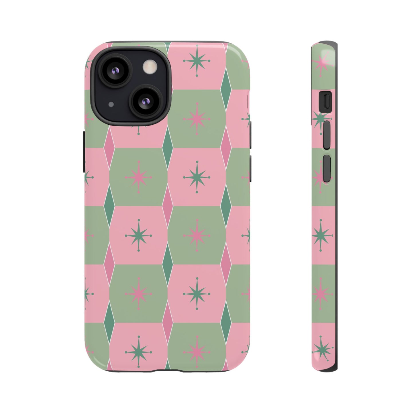 1950s Retro Square and Diamond Pattern in Pink and Green Tough Cases