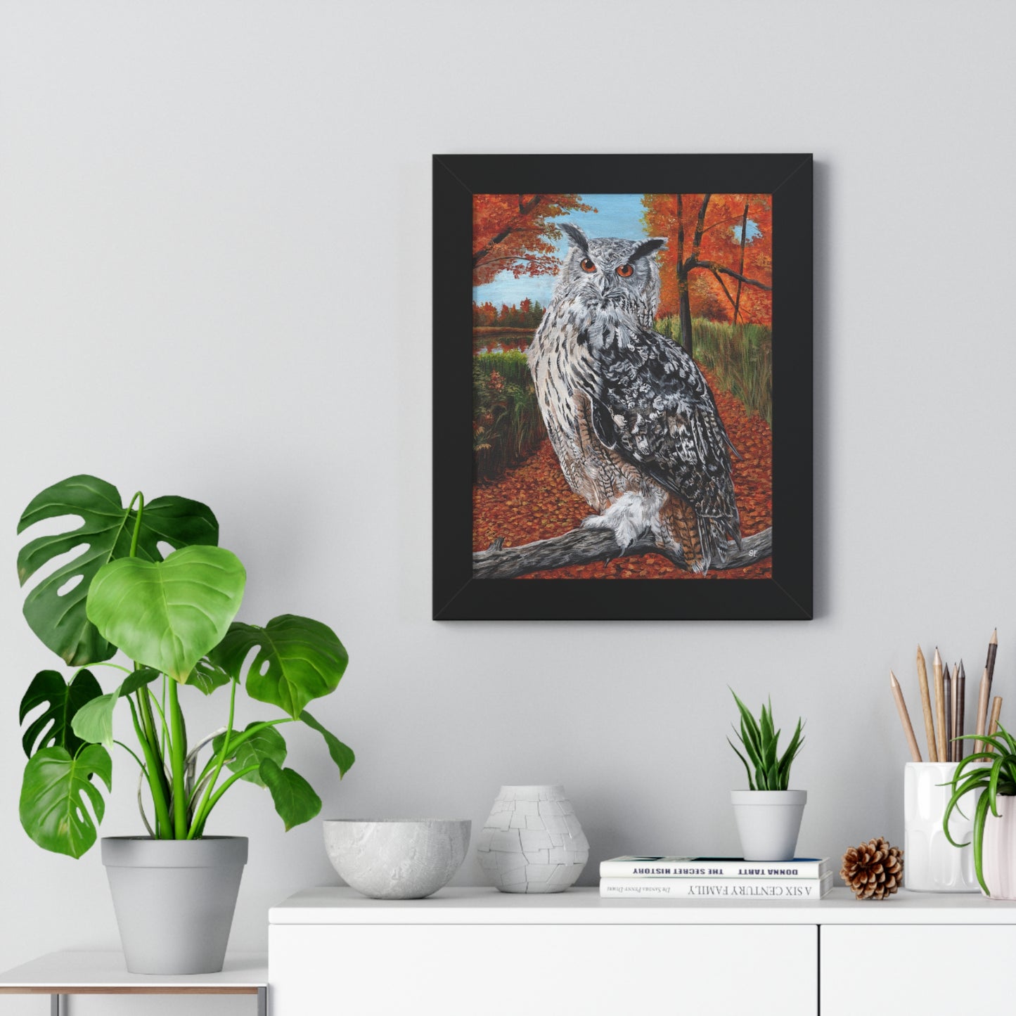 Framed Owl Poster — Autumn Forest Wildlife Wall Art