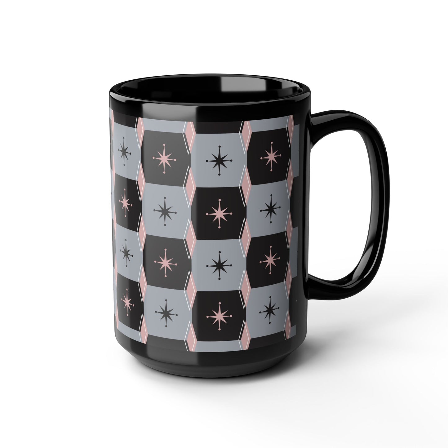 Retro Starburst Black Mug — Mid-Century Geometric Coffee Cup (11oz/15oz)