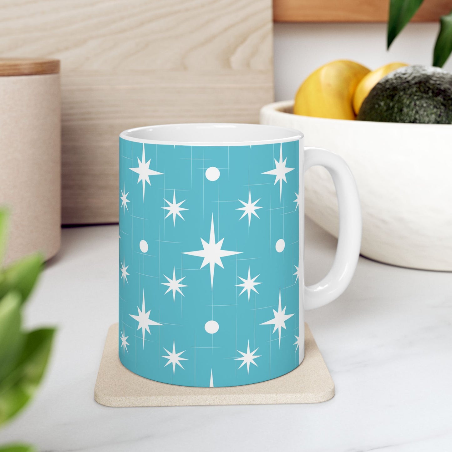 Starburst Pattern Ceramic Mug — Retro Turquoise Mid-Century Modern Coffee Cup (11oz, 15oz)