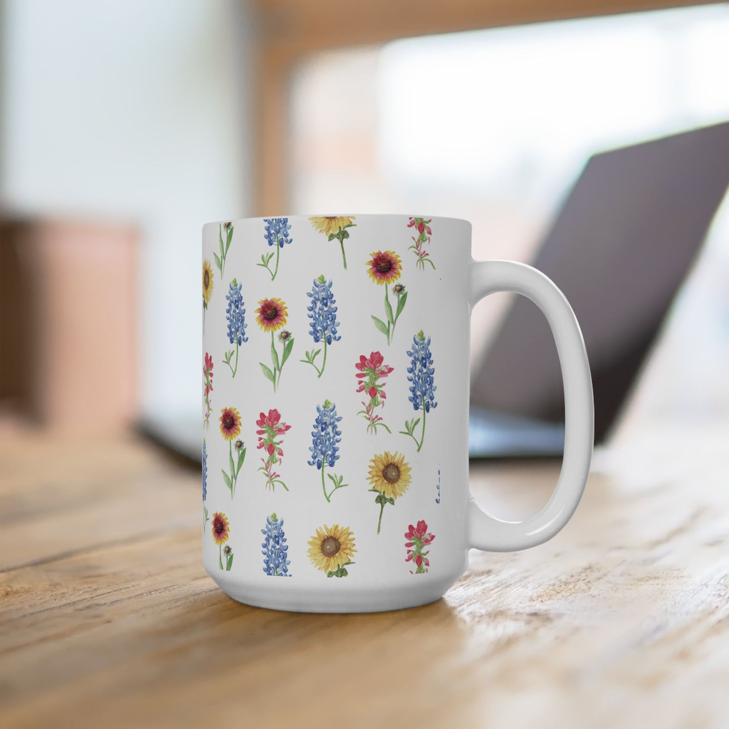 Texas Wildflower Mug — Sunflower & Bluebonnet Ceramic Coffee Cup (11oz, 15oz)