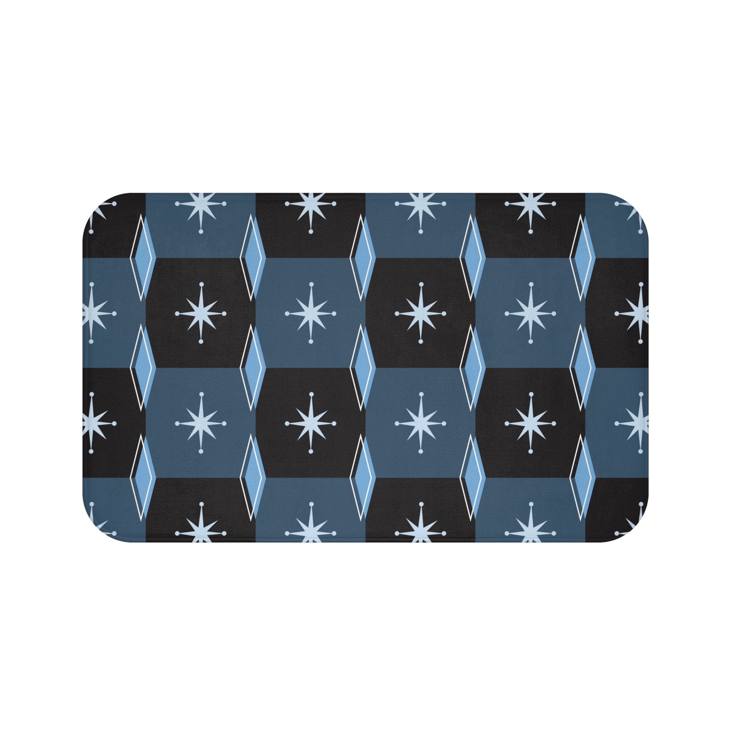 Mid-Century Starburst Bath Mat — Retro Geometric Blue Tile Design