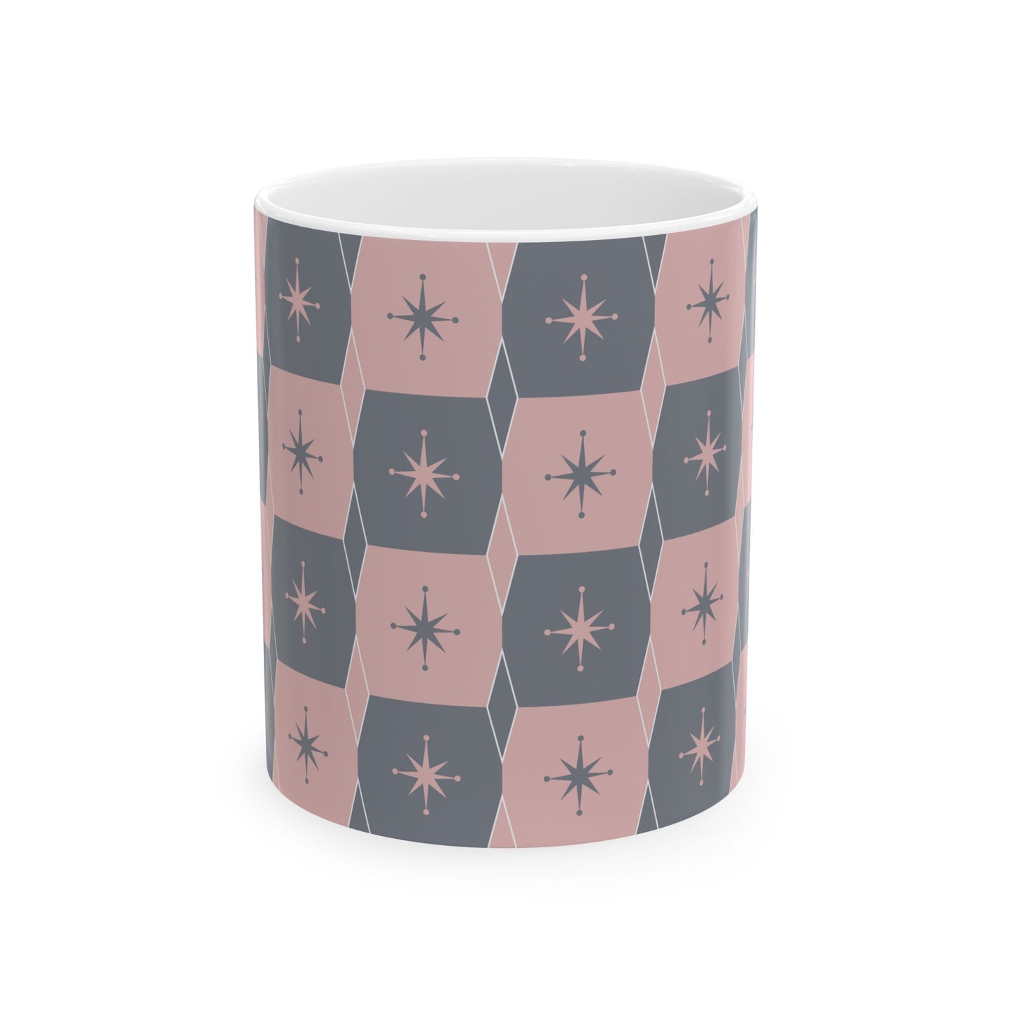 Mid-Century Starburst Ceramic Mug — Pink & Slate Geometric Pattern (11oz, 15oz)