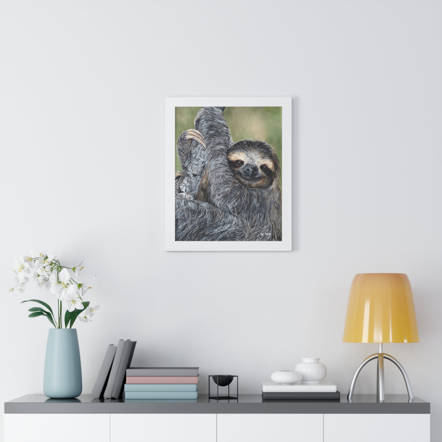 Framed Sloth Art Print — Cute Hanging Sloth Poster for Nursery & Living Room