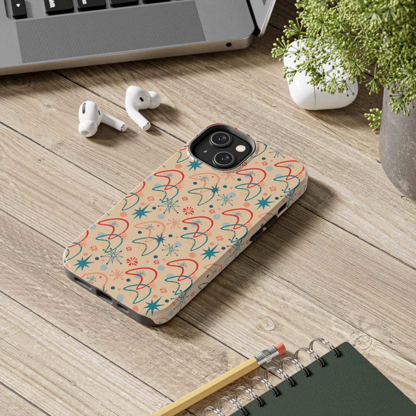 1950s Atomic Age Retro Pattern in Beige Tough iPhone Case