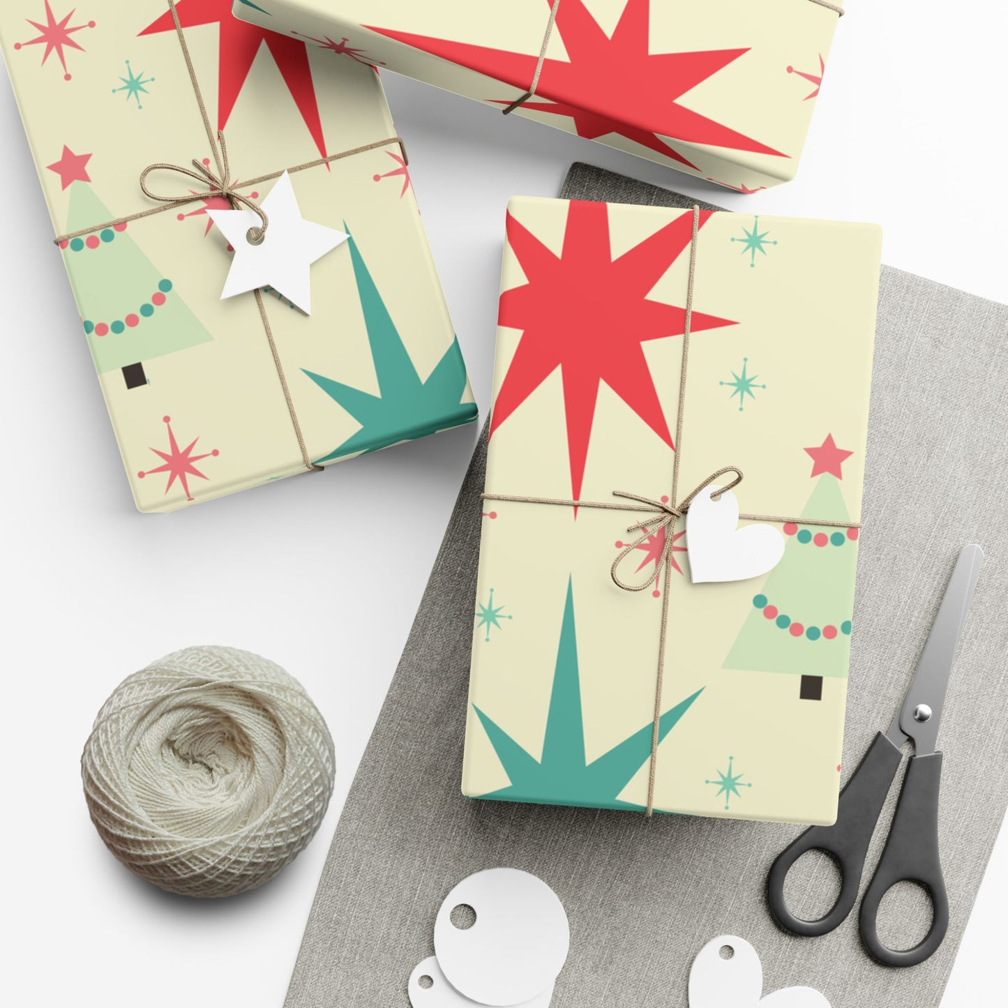Retro Mid-Century Christmas Gift Wrap Paper – Starburst & Tree Pattern