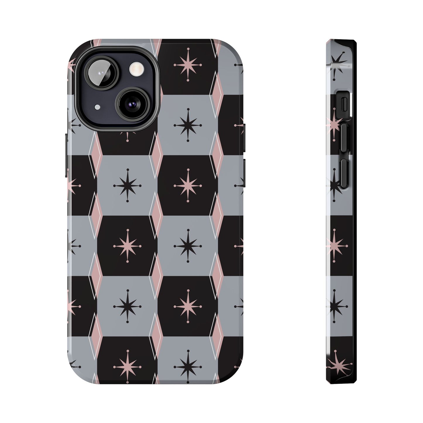 Diamond and Square Pattern in Pink, Black and Gray Tough iPhone Cases