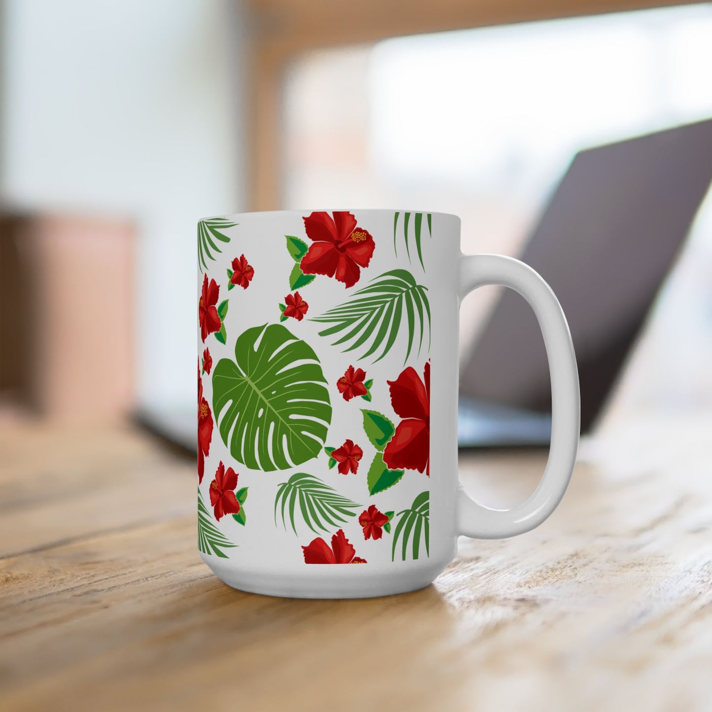 Tropical Hibiscus Mug — Floral Palm Leaf Coffee Cup (11oz/15oz)