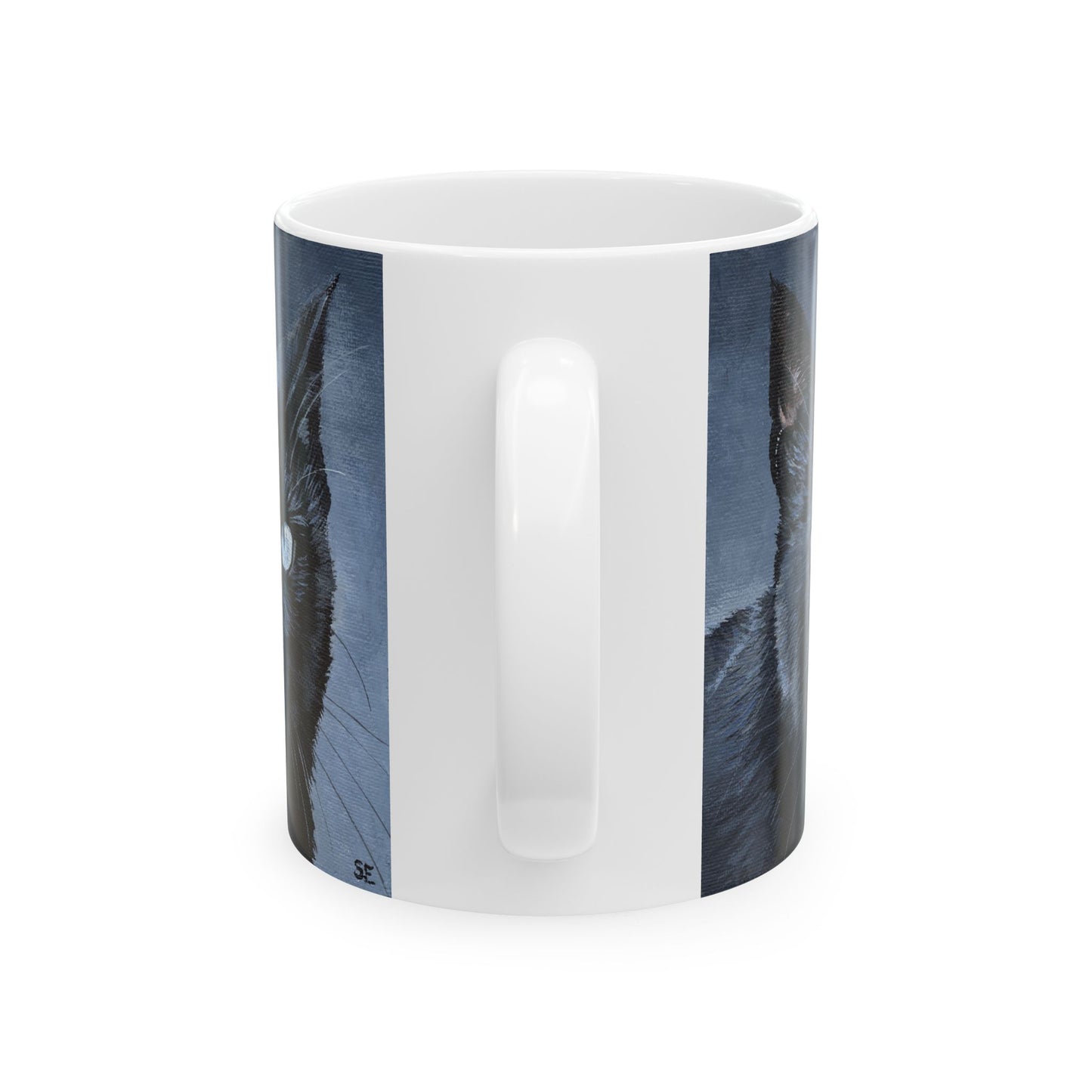 Black Cat Portrait Mug — Ceramic Coffee Cup with Moody Blue Background (11oz, 15oz)