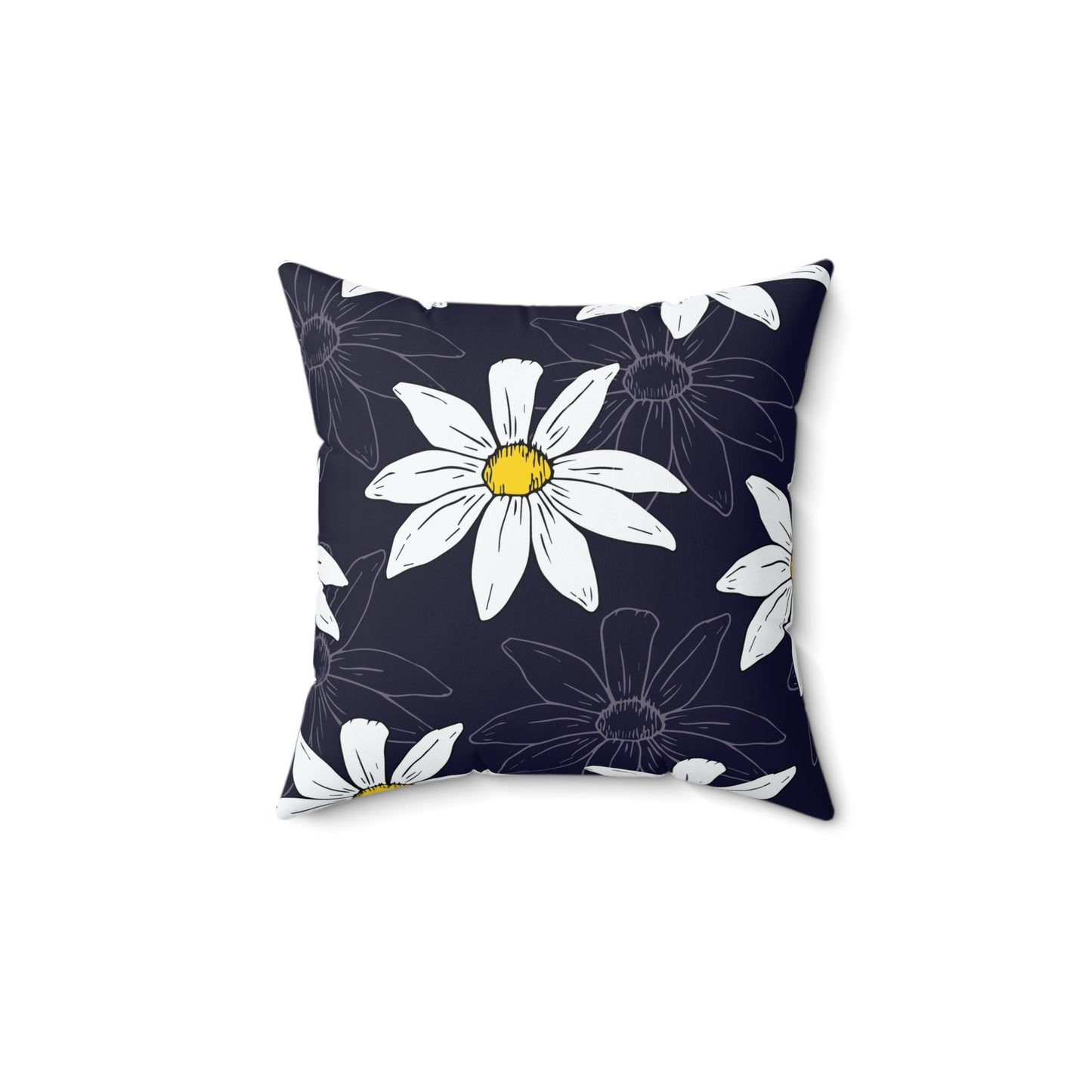 Daisy Pattern on Dark Blue Square Pillow