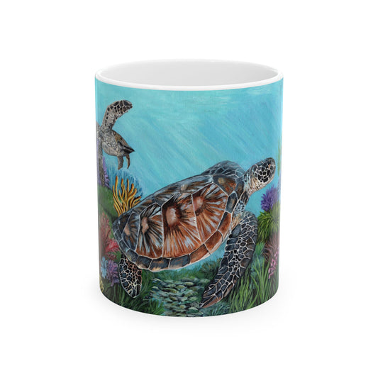 Sea Turtle Ceramic Mug — Ocean Reef Artwork Coffee Cup (11oz, 15oz)