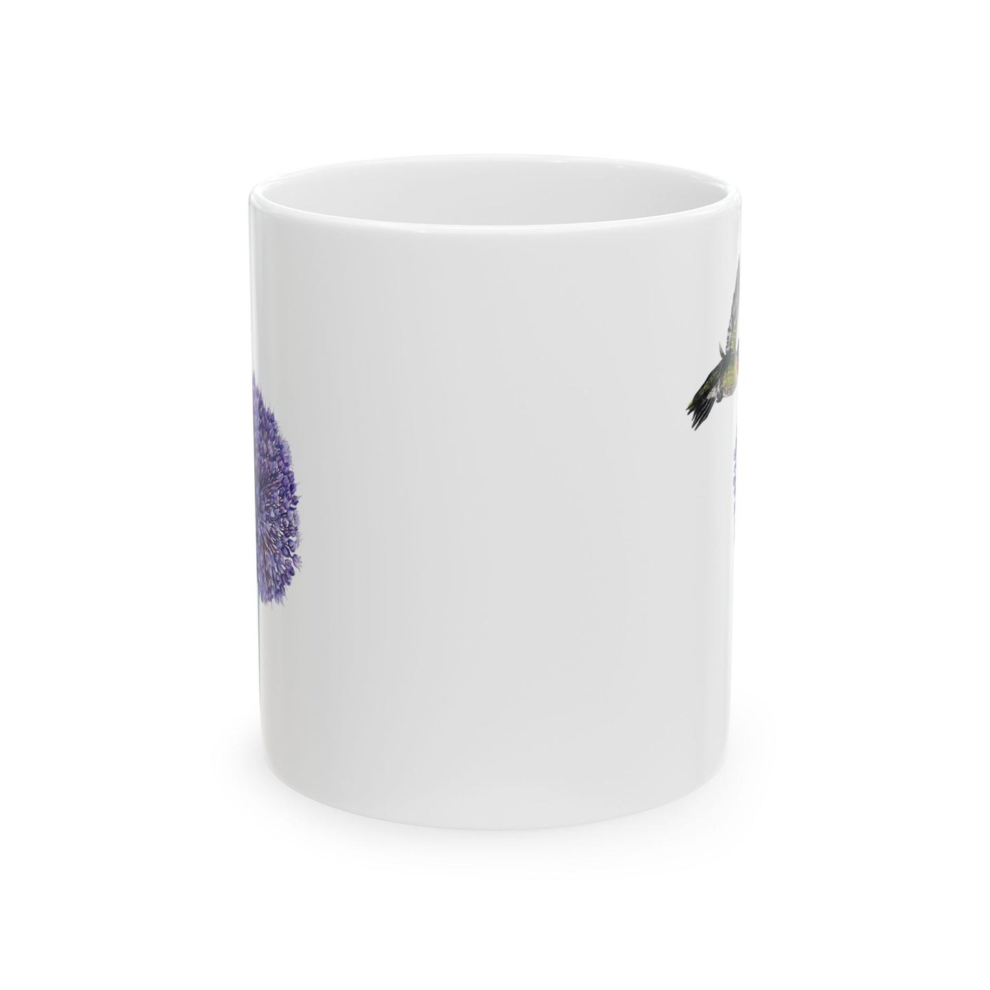 Hummingbird and Yorktown Onion Ceramic Mug — Purple Allium Floral & Hummingbird Coffee Cup (11oz & 15oz)