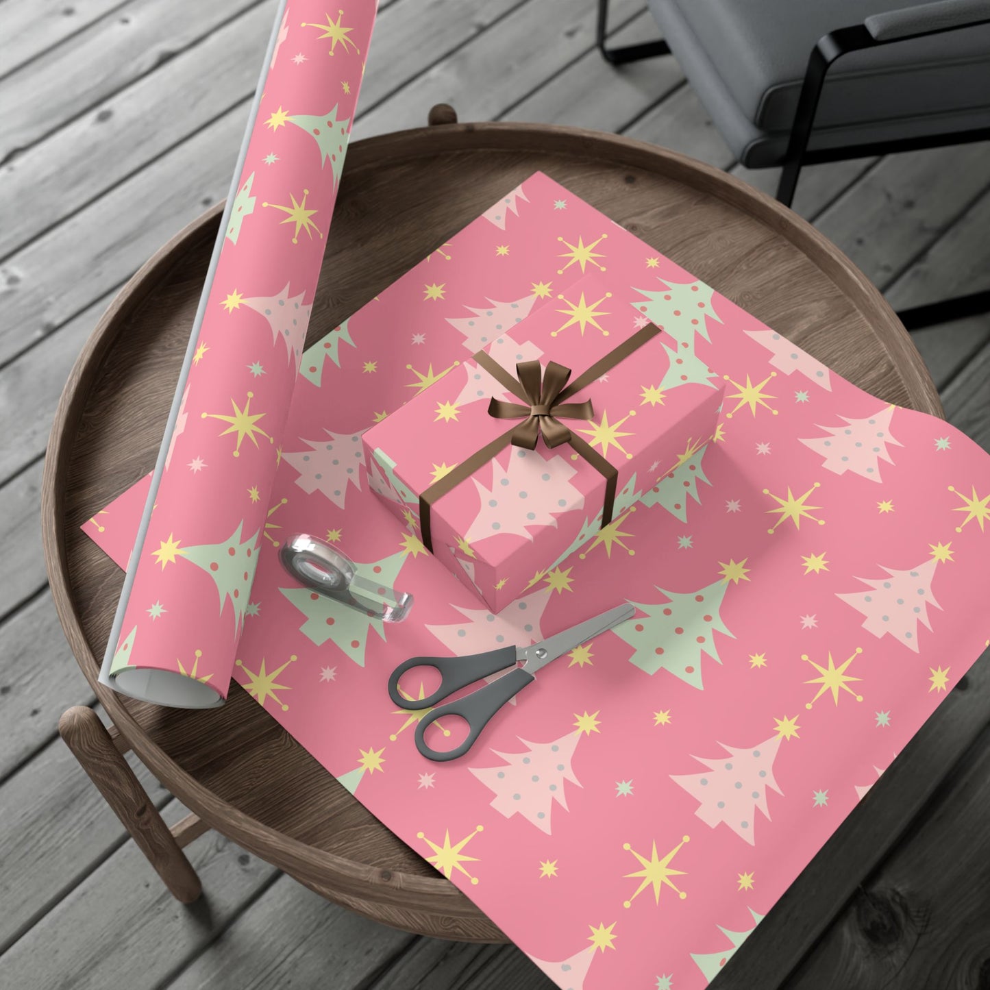 Pink Retro Christmas Tree Gift Wrap Paper — Holiday Wrapping Sheets